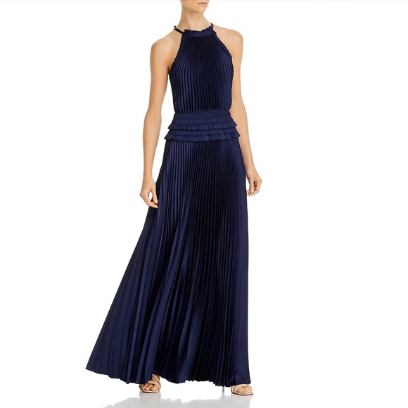 BCBG MAXAZRIA: Pleated Navy Blue Gown Maxi Wedding Guest Dress (small/ medium) - Picture 1 of 9